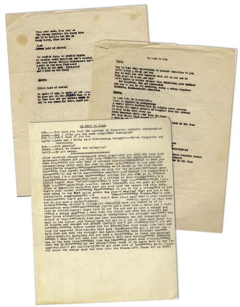 Moe Howard 3pp. Hand-Annotated Script for a Three Stooges Theater Skit, Entitled ''We Went to Yale'' -- Circa 1950 With Shemp -- Very Good Condition